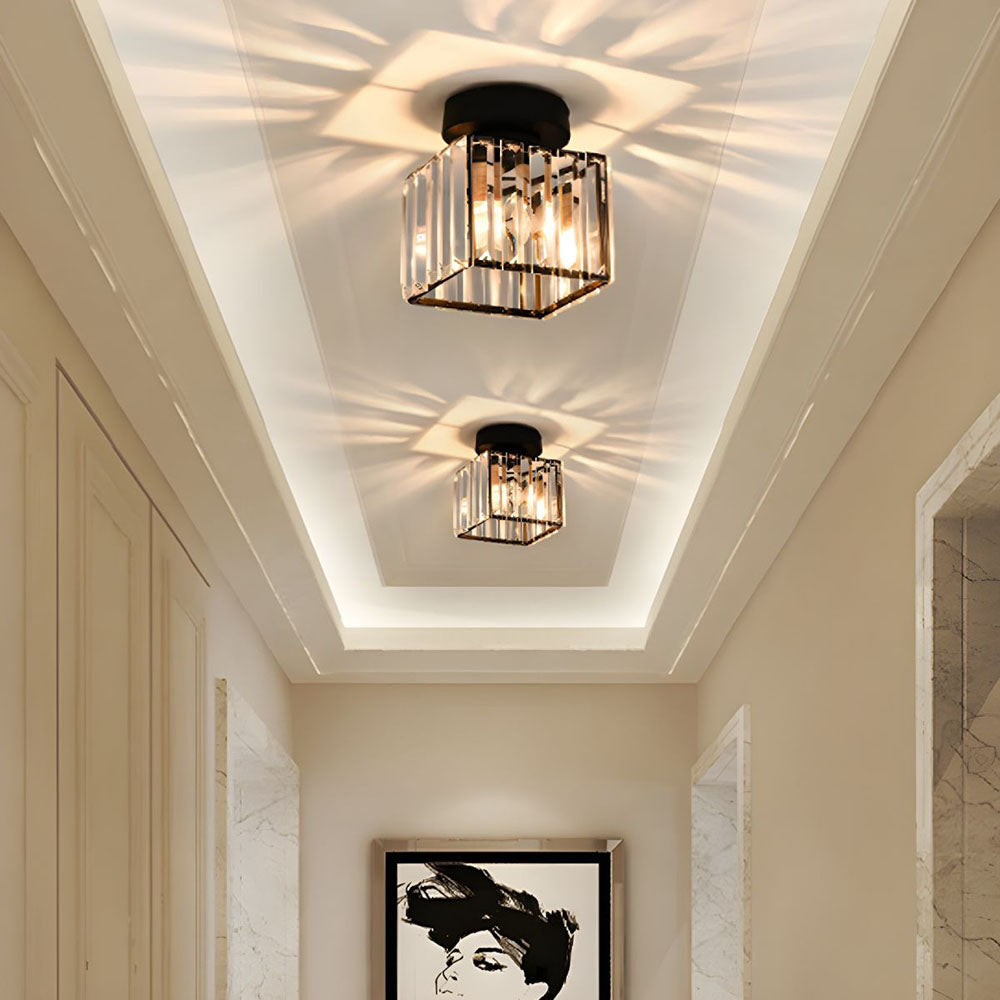 Decorative Flush Mount Light Fixture with Glass Cube and Metal Accents E27 Socket for Entryway Bedroom Small Room Ambient Overhead Lighting | Thomler