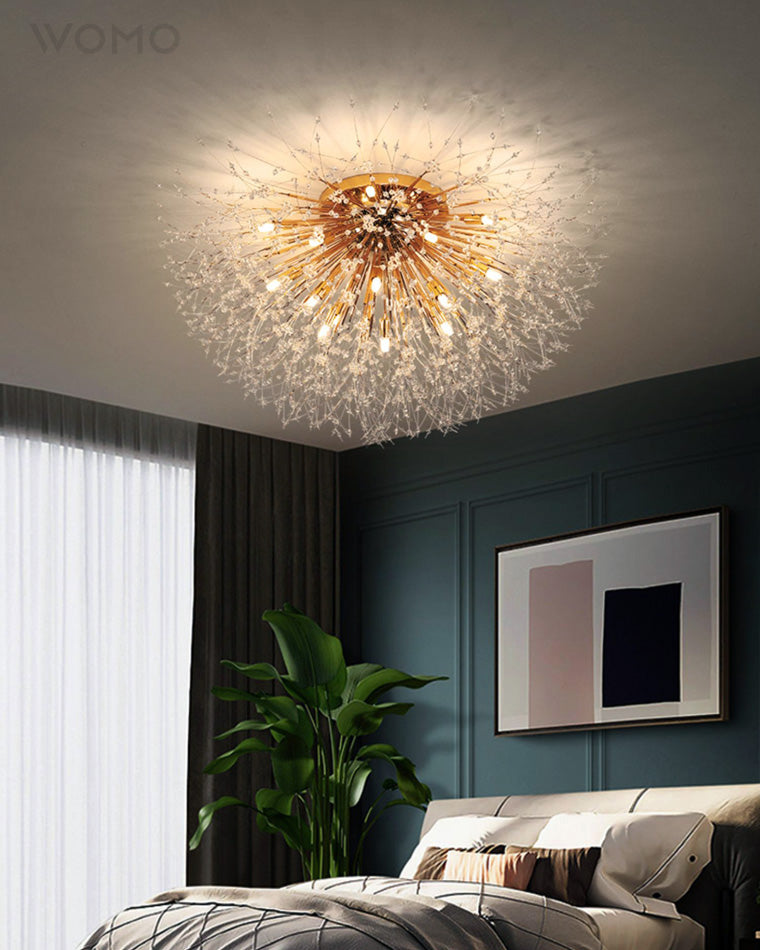 Flush Mount Ceiling Light with Crystal Dandelion Design – 16 in Gold & Silver Fixture for Bedroom, Hallway, Bathroom | Thomler