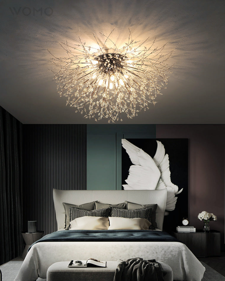 Flush Mount Ceiling Light with Crystal Dandelion Design – 16 in Gold & Silver Fixture for Bedroom, Hallway, Bathroom | Thomler