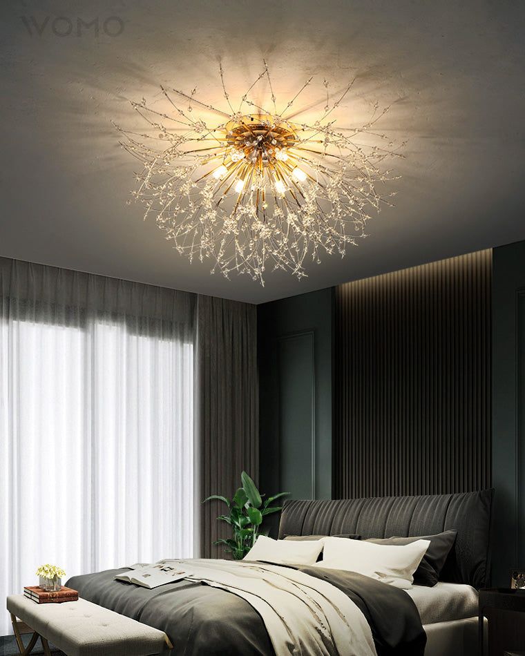 Flush Mount Ceiling Light with Crystal Dandelion Design – 16 in Gold & Silver Fixture for Bedroom, Hallway, Bathroom | Thomler