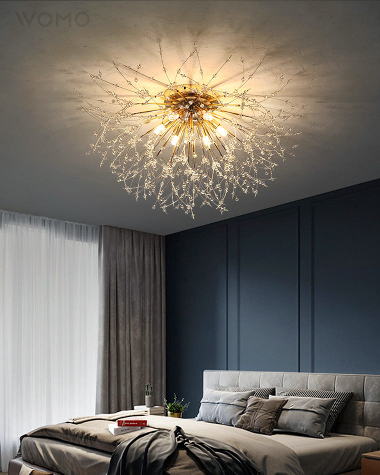 Flush Mount Ceiling Light with Crystal Dandelion Design – 16 in Gold & Silver Fixture for Bedroom, Hallway, Bathroom | Thomler