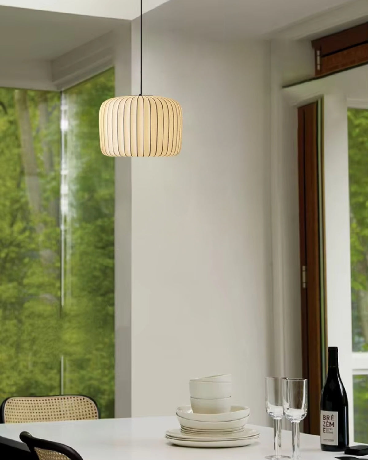 Hanglamp met stoffen trommelkap, 22 inch, neutrale tint, voor eetkamer of keukeneiland, modern Japandi-stijl, E27-fitting | Thomler