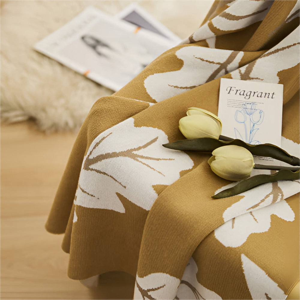 Baumwoll-Jacquard-Wohndecke mit botanischem Blattmuster – Atmungsaktive Ganzjahresdecke für Sofa, Bett oder unterwegs