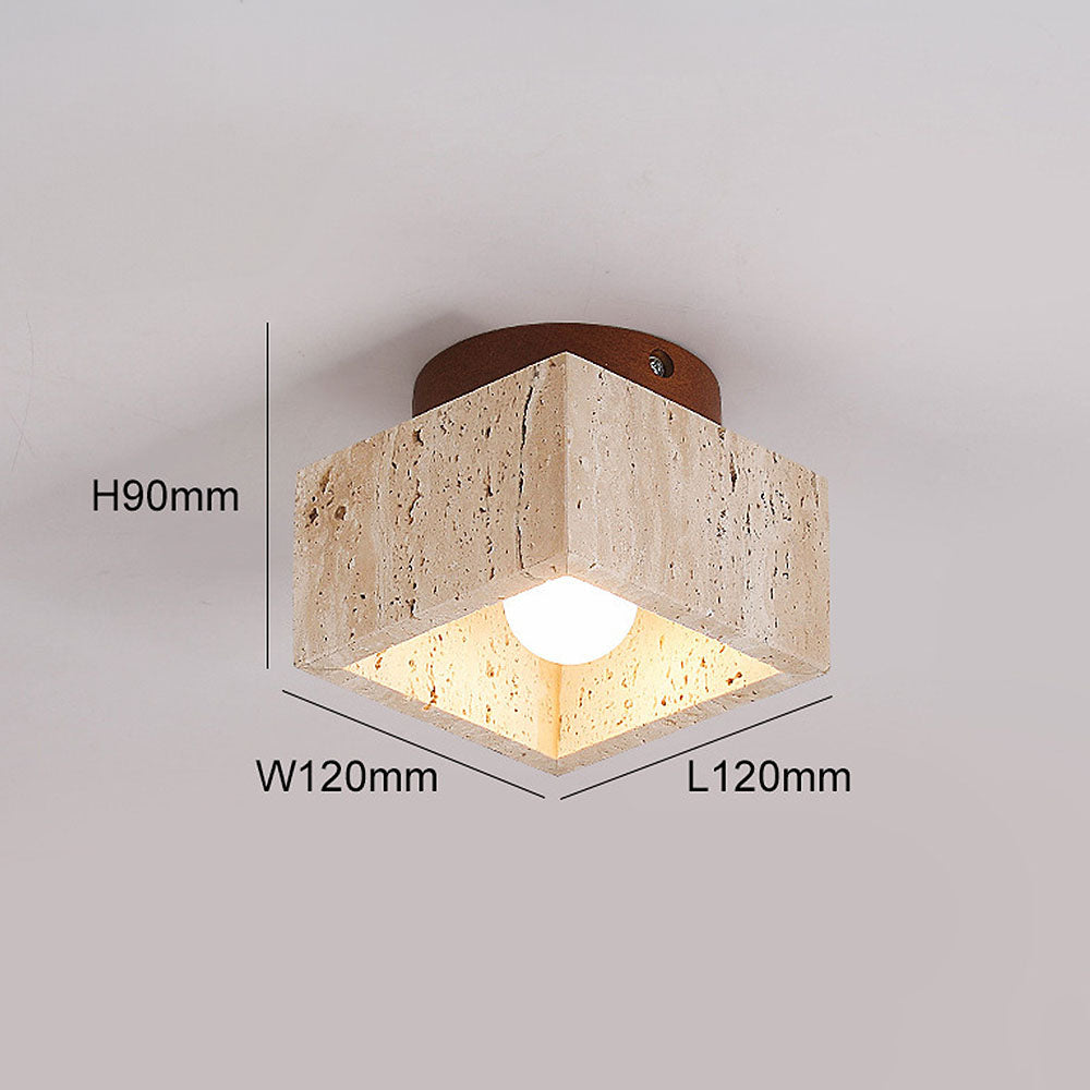 Natural Stone Flush Mount Light with Wooden Accent E26 Base for Bedroom Entryway Living Space Low-Profile Fixture Ambient Overhead Lighting | Thomler