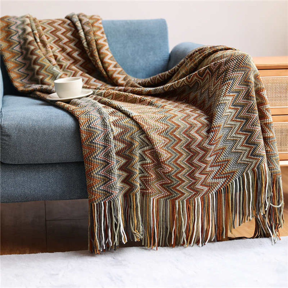 Chevron Knit Throw Blanket with Fringe Trim – Lightweight Acrylic for Year-Round Comfort