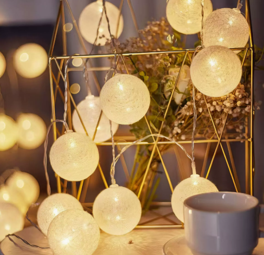 Cotton Ball String Lights with Soft Woven Globes for Bedroom, Living Room & Party Decor – USB or Battery Powered Fairy Lights | Thomler