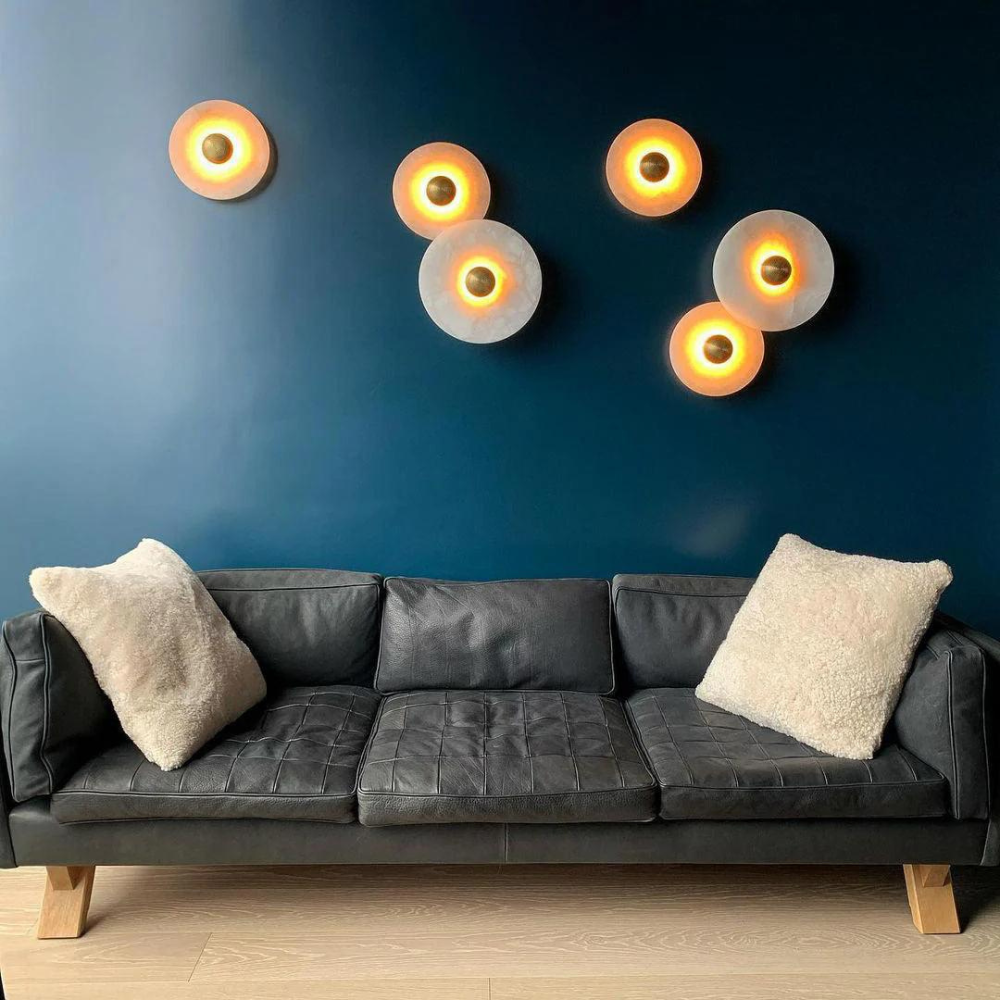 Round Stone Sconce with Built-In LED – Natural Veined Finish for Bedroom, Hallway & Living Room – 6 to 12 Inch Sizes – Minimalist Aluminum M | Thomler