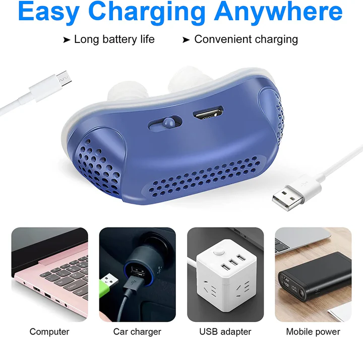Dispositivo portátil de alivio para la apnea del sueño, sistema de soporte de vías respiratorias nasales antirronquidos para viajes, hogar y dormitorio, clips de silicona suave para los oídos, recargable por USB