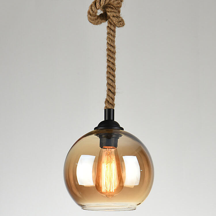 Hanging Ceiling Light Fixture Glass Shade Rope Accent E26 Socket Adjustable Height for Entryway Bedroom Living Space Contemporary Farmhouse | Thomler