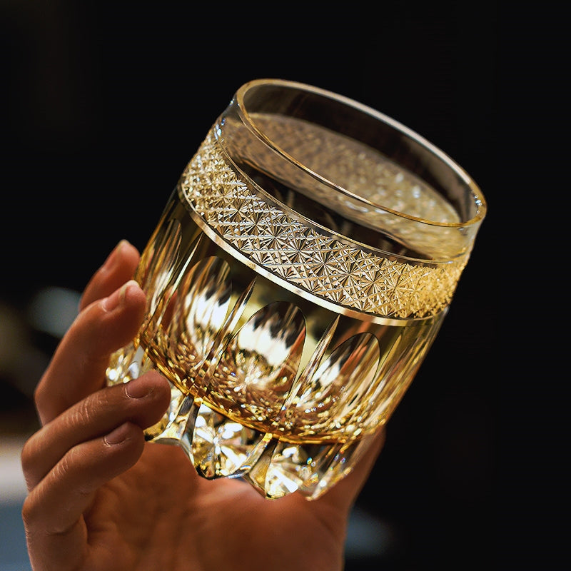 Vaso de whisky de cristal tallado a mano con patrón de estallido de estrella, vaso japonés para licores en caja de regalo | Thomler