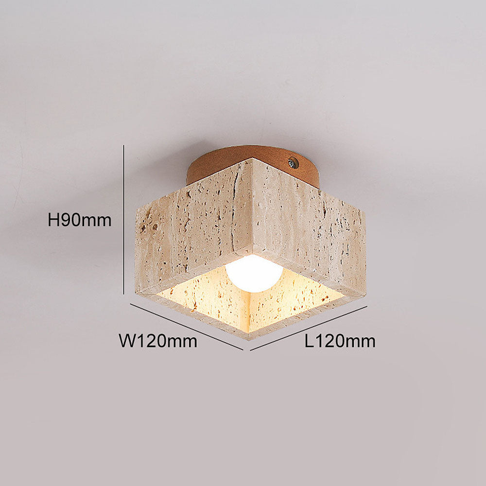 Natural Stone Flush Mount Light with Wooden Accent E26 Base for Bedroom Entryway Living Space Low-Profile Fixture Ambient Overhead Lighting | Thomler