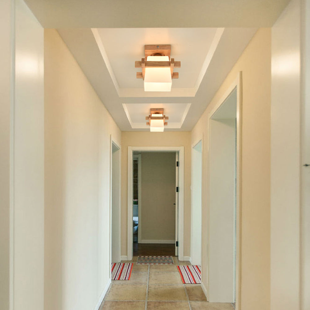 Square Flush Mount Overhead Light Fixture E27 Socket 7.9 Inch White Wood Accent for Bedroom Hallway Living Room Minimalist Scandinavian Mode | Thomler