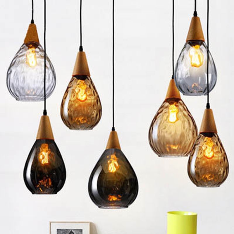 Glass & Wood Drop Ceiling Fixture with Adjustable Cord for Kitchen Island, Dining Room & Living Area | Hardwired E26 Socket | Indoor Overhea | Thomler