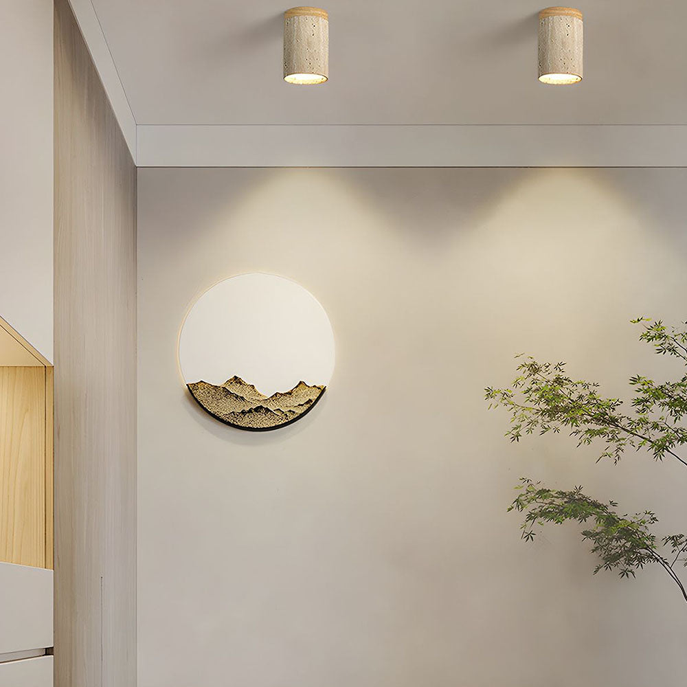Natural Stone Flush Mount Light with Wooden Accent E26 Base for Bedroom Entryway Living Space Low-Profile Fixture Ambient Overhead Lighting | Thomler