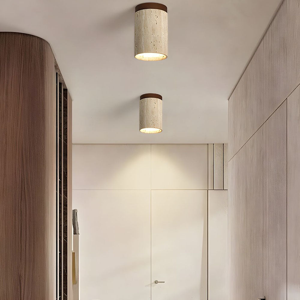 Natural Stone Flush Mount Light with Wooden Accent E26 Base for Bedroom Entryway Living Space Low-Profile Fixture Ambient Overhead Lighting | Thomler