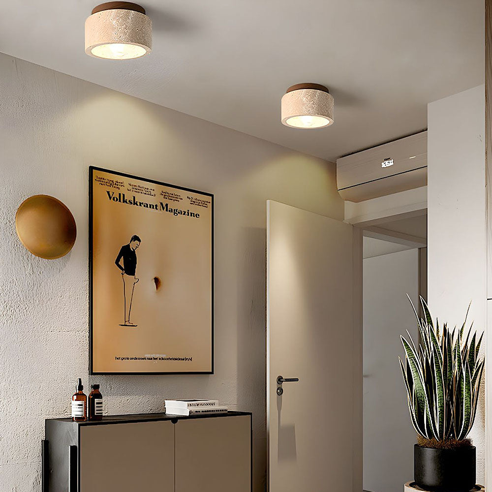 Natural Stone Flush Mount Light with Wooden Accent E26 Base for Bedroom Entryway Living Space Low-Profile Fixture Ambient Overhead Lighting | Thomler