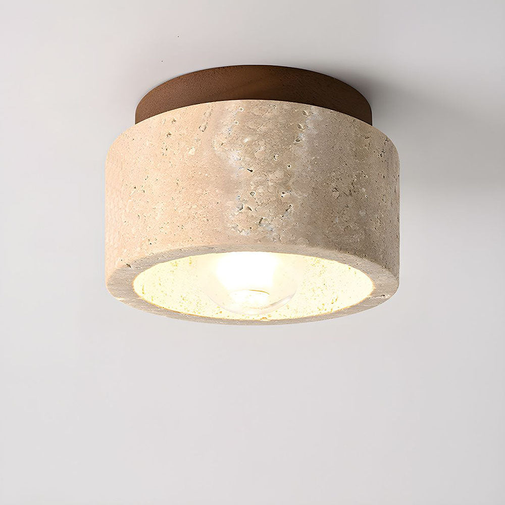 Natural Stone Flush Mount Light with Wooden Accent E26 Base for Bedroom Entryway Living Space Low-Profile Fixture Ambient Overhead Lighting | Thomler