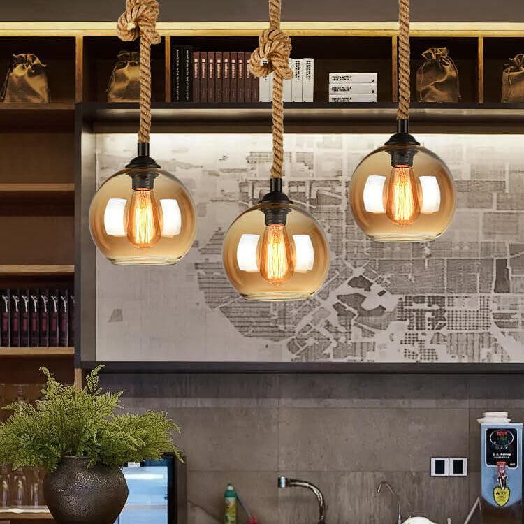 Hanging Ceiling Light Fixture Glass Shade Rope Accent E26 Socket Adjustable Height for Entryway Bedroom Living Space Contemporary Farmhouse | Thomler