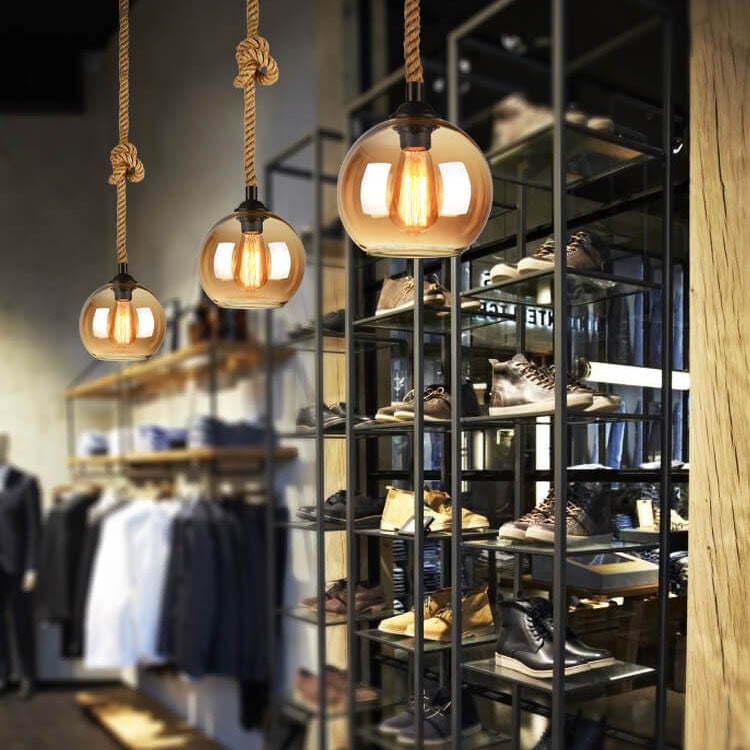 Hanging Ceiling Light Fixture Glass Shade Rope Accent E26 Socket Adjustable Height for Entryway Bedroom Living Space Contemporary Farmhouse | Thomler
