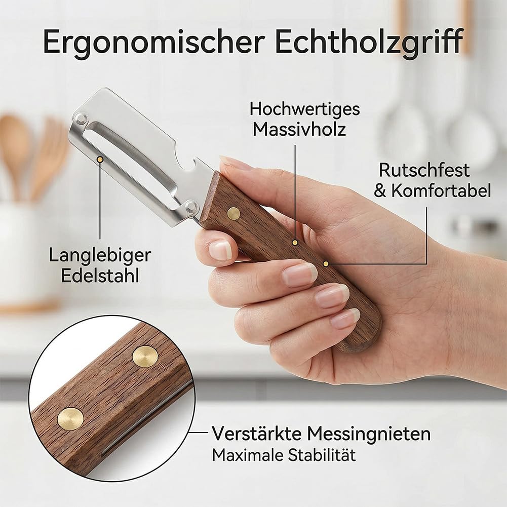 Keukenmultitool: dunschiller, snijder en flesopener met houten handvat, 5-delige set voor het bereiden van groenten en fruit, keukengerei voor de hobbykok | Thomler