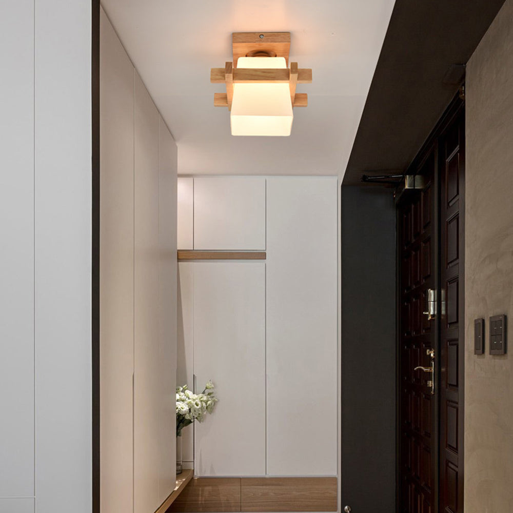 Square Flush Mount Overhead Light Fixture E27 Socket 7.9 Inch White Wood Accent for Bedroom Hallway Living Room Minimalist Scandinavian Mode | Thomler
