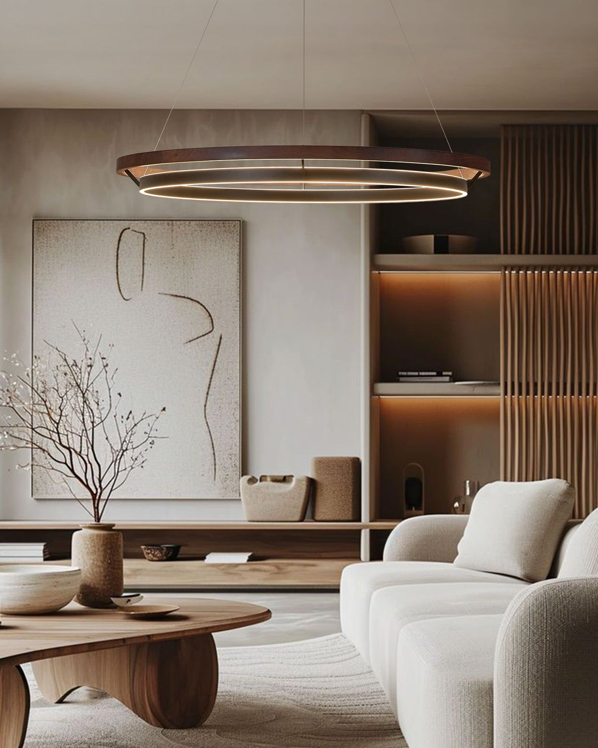 Runder Kronleuchter aus Holz mit LED-Beleuchtung, 60-120 cm höhenverstellbar, Deckenleuchte im Landhausstil für Esszimmer und Kücheninsel | Thomler