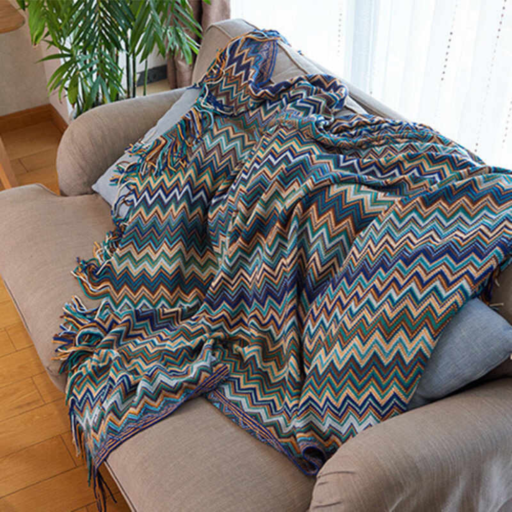 Chevron Knit Throw Blanket with Fringe Trim – Lightweight Acrylic for Year-Round Comfort