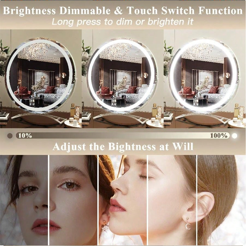 Rechargeable Lighted Vanity Mirror 16 Inch Round Tabletop Mirror with Adjustable LED Brightness Dimmable 360 Rotation for Makeup Skincare Be | Thomler
