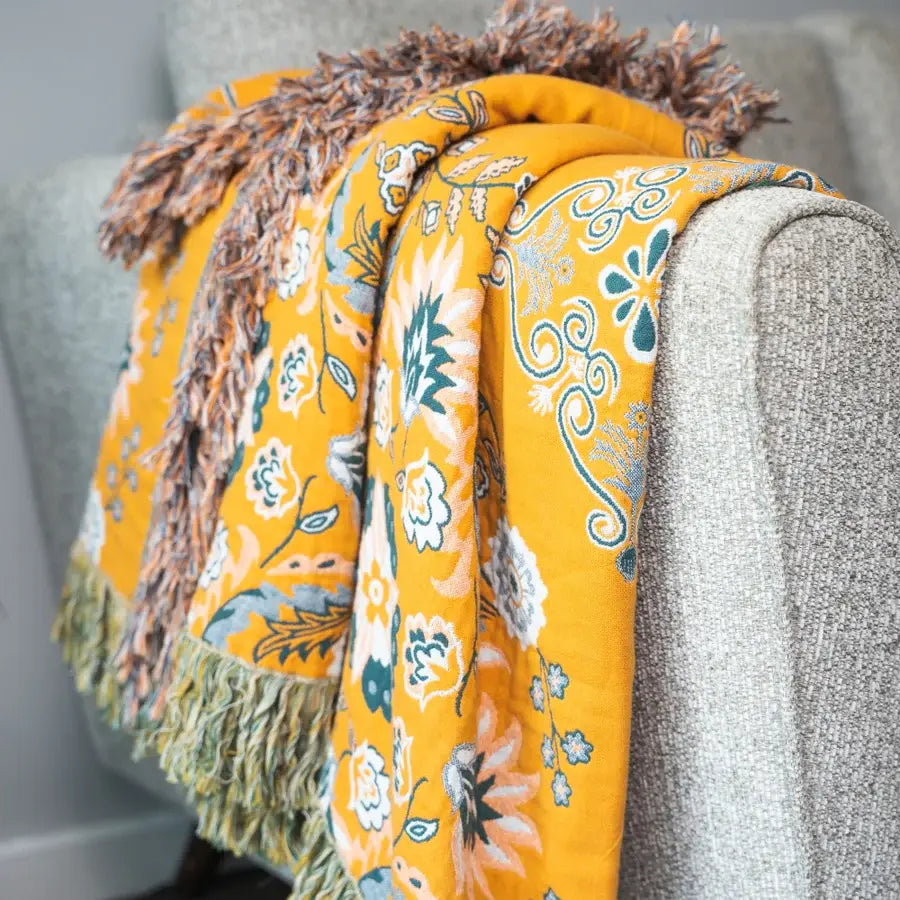 Omkeerbare katoenen plaid met kwastjes – Boheems bloemendesign voor bank, sofa of bed – Warm & decoratief woonaccessoire