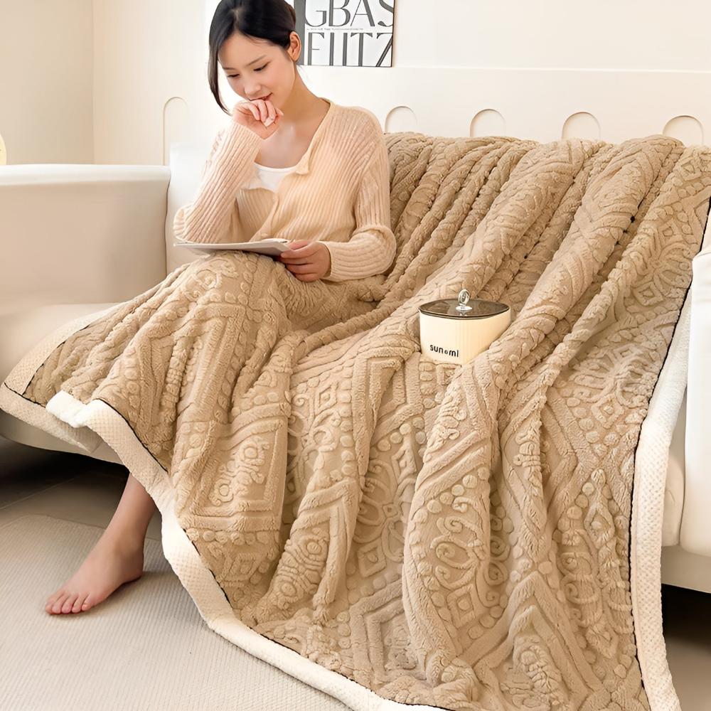 Carved Plush Throw with Sherpa Backing – Double-Sided Blanket for Bed, Couch & Travel