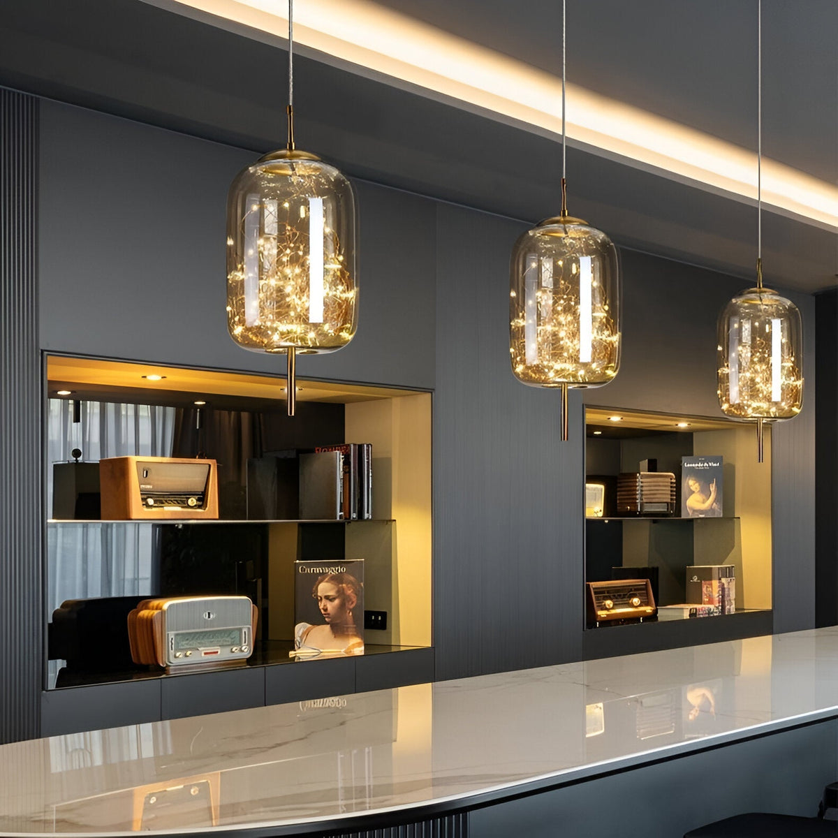 Glass Hanging Fixture with Adjustable Cord for Dining Table & Kitchen Island | Modern Suspended Light in Amber or Gray | Oval Sphere Capsule | Thomler