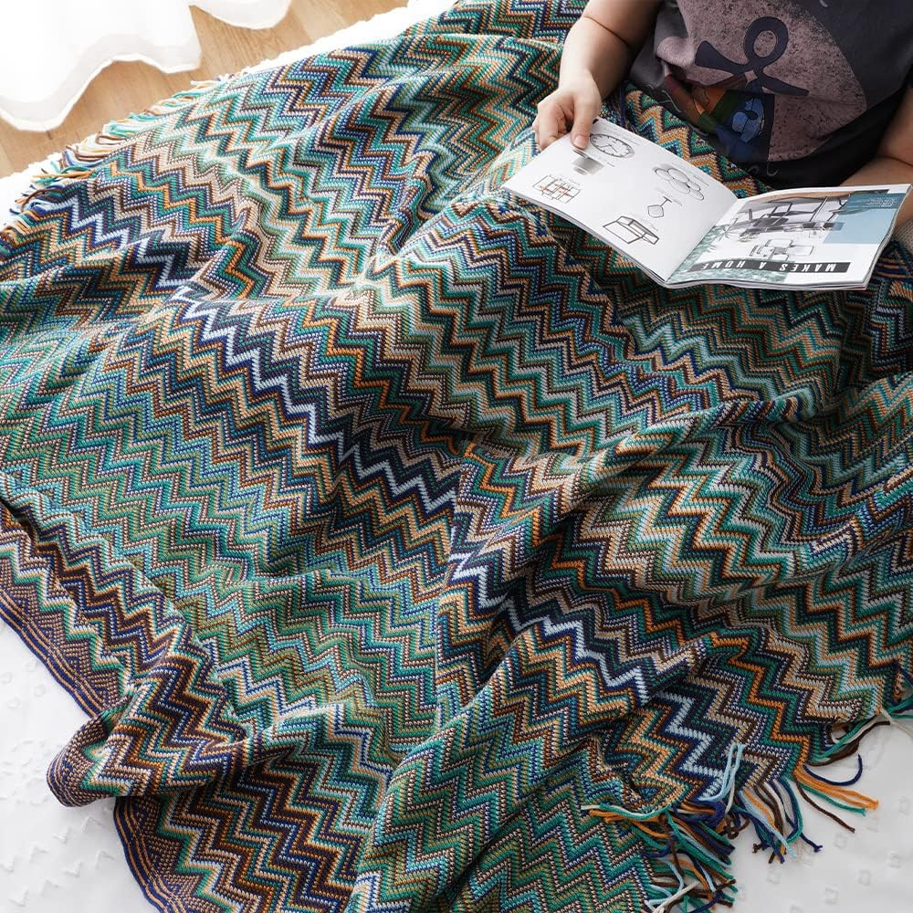 Chevron Knit Throw Blanket with Fringe Trim – Lightweight Acrylic for Year-Round Comfort