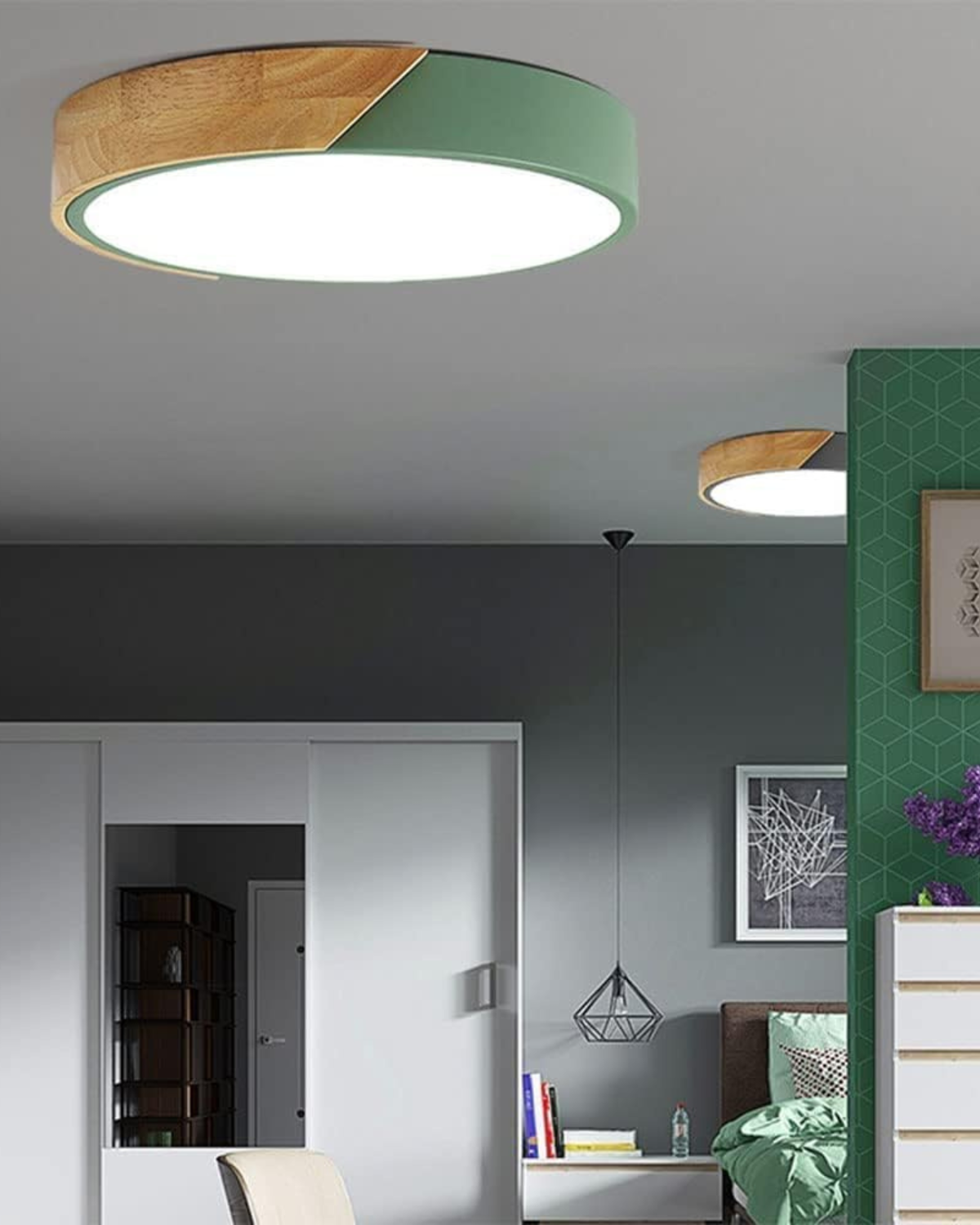 Ronde opbouwplafondlamp met houten accent en geïntegreerde LED – Moderne platte armatuur in 9, 12, 16, 20 en 24 inch maten voor Liv | Thomler