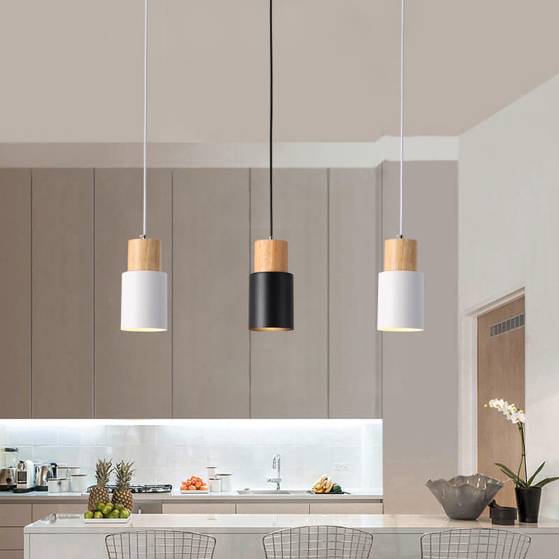 Hanging Ceiling Fixture Metal Wood Shade 4.3 Inch Diameter E26 Socket Adjustable Height Chain for Kitchen Island Dining Room Bar Café | Thomler