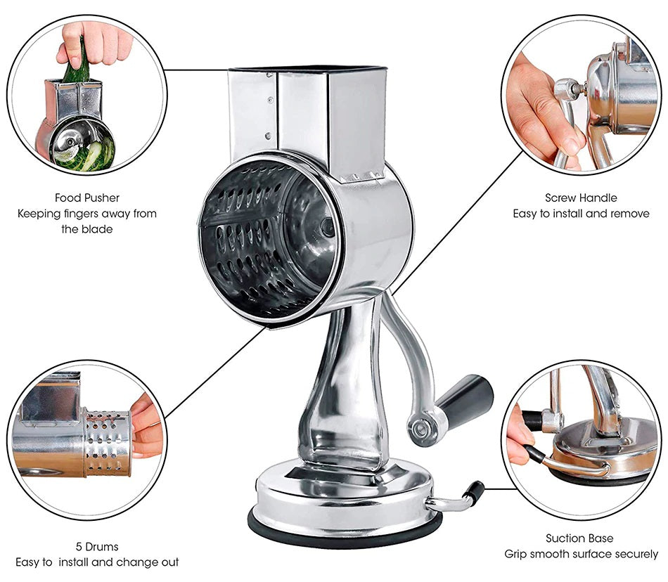 Multi-Functional Rotary Food Grater, Shredder and Slicer