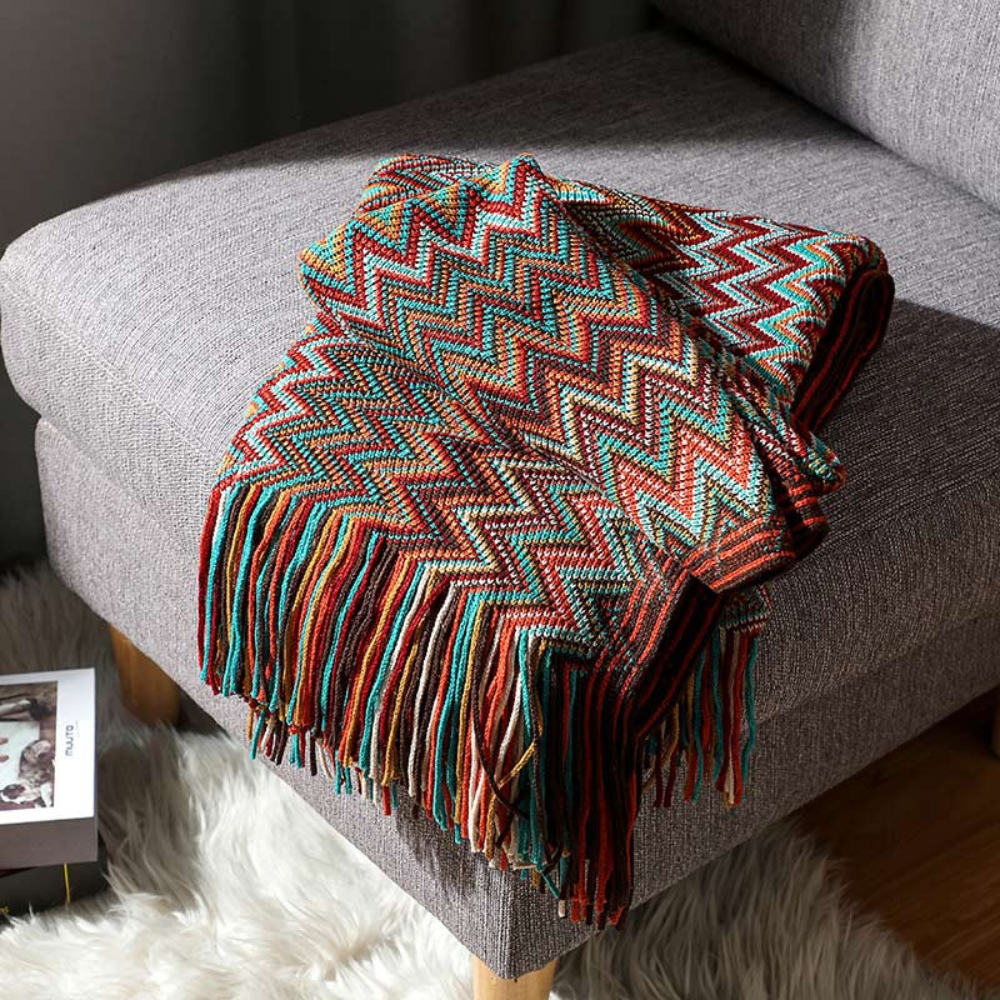 Chevron Knit Throw Blanket with Fringe Trim – Lightweight Acrylic for Year-Round Comfort
