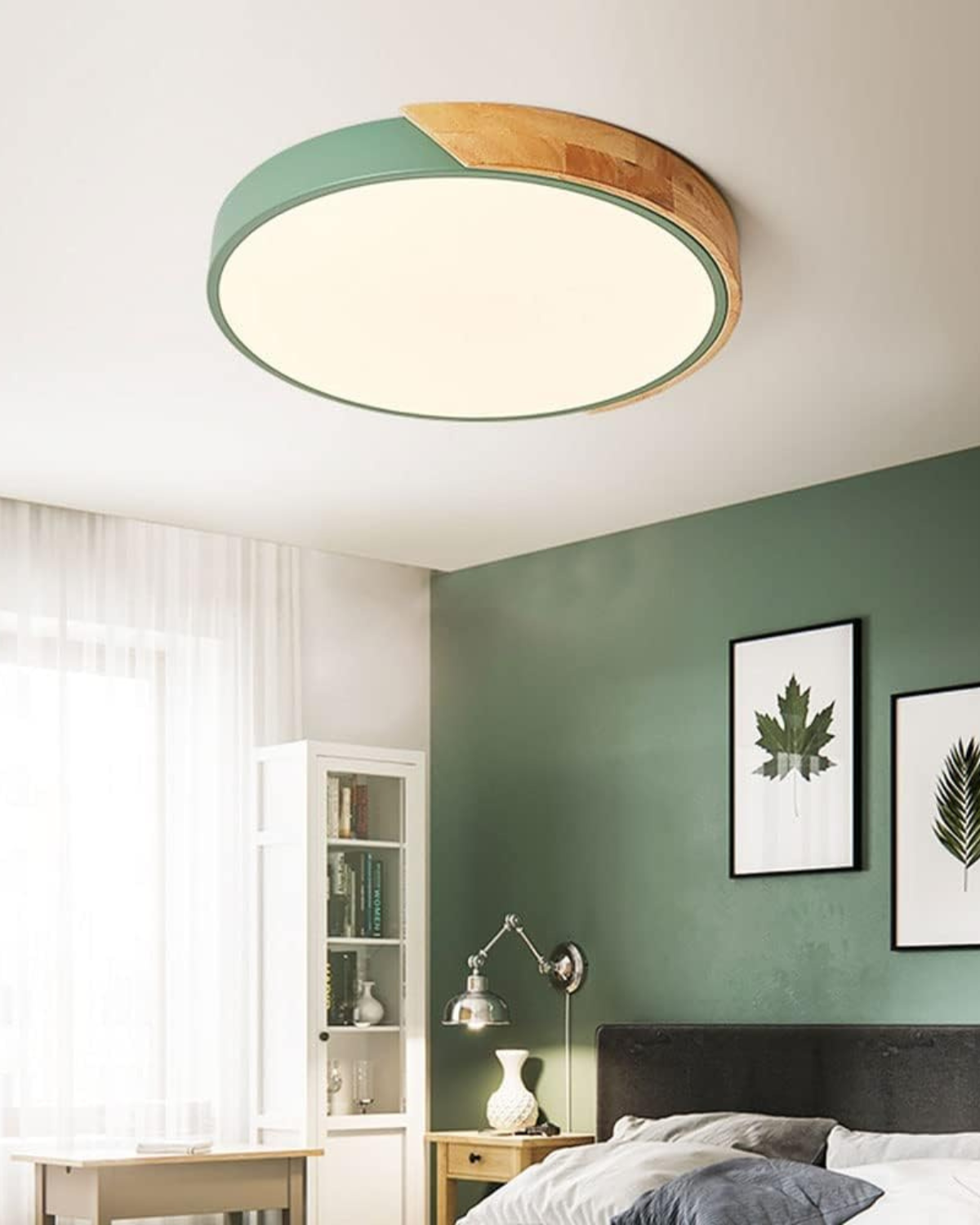 Ronde opbouwplafondlamp met houten accent en geïntegreerde LED – Moderne platte armatuur in 9, 12, 16, 20 en 24 inch maten voor Liv | Thomler