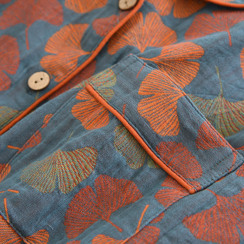 Dames pyjamaset van katoen met knoopsluiting – Nachtkleding met ginkgo-bladerenprint, bestaande uit top & broek voor ontspanning & slaap