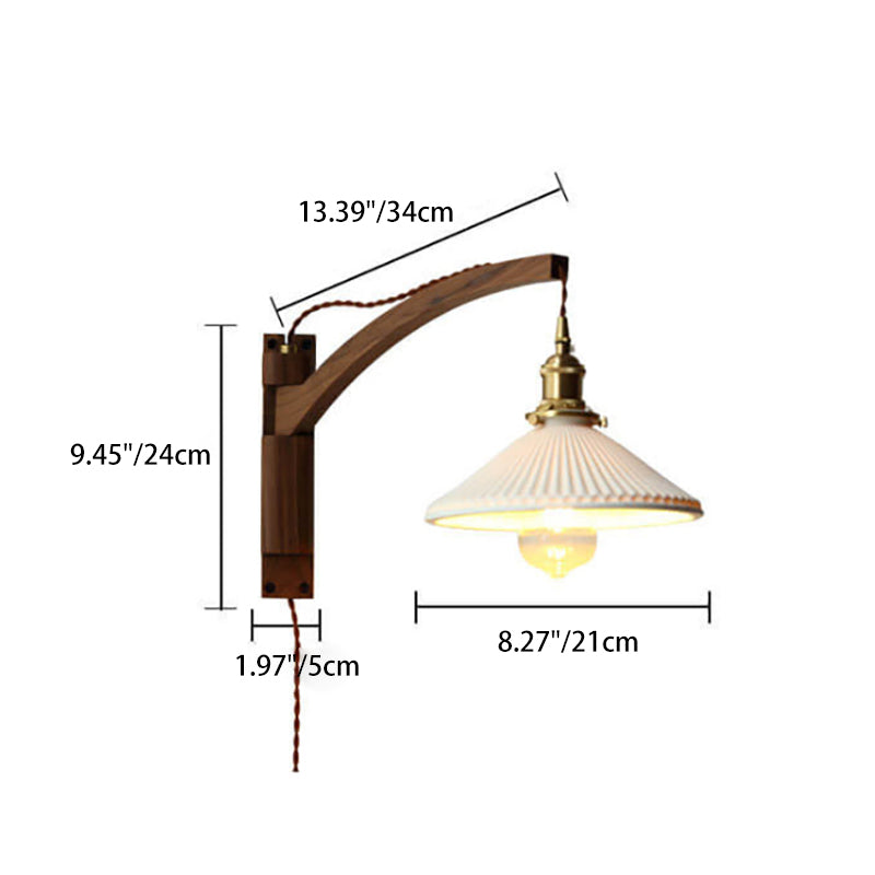 Swing-Arm Sconce with Ribbed Glass Shade 8.3 Inch Light Wood Walnut Brass Accent Fixture for Bedroom Hallway Entryway Reading Adjustable Mou | Thomler