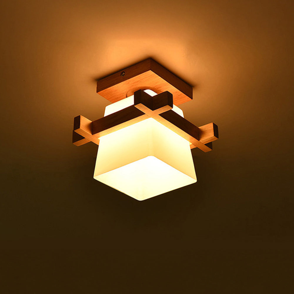 Square Flush Mount Overhead Light Fixture E27 Socket 7.9 Inch White Wood Accent for Bedroom Hallway Living Room Minimalist Scandinavian Mode | Thomler