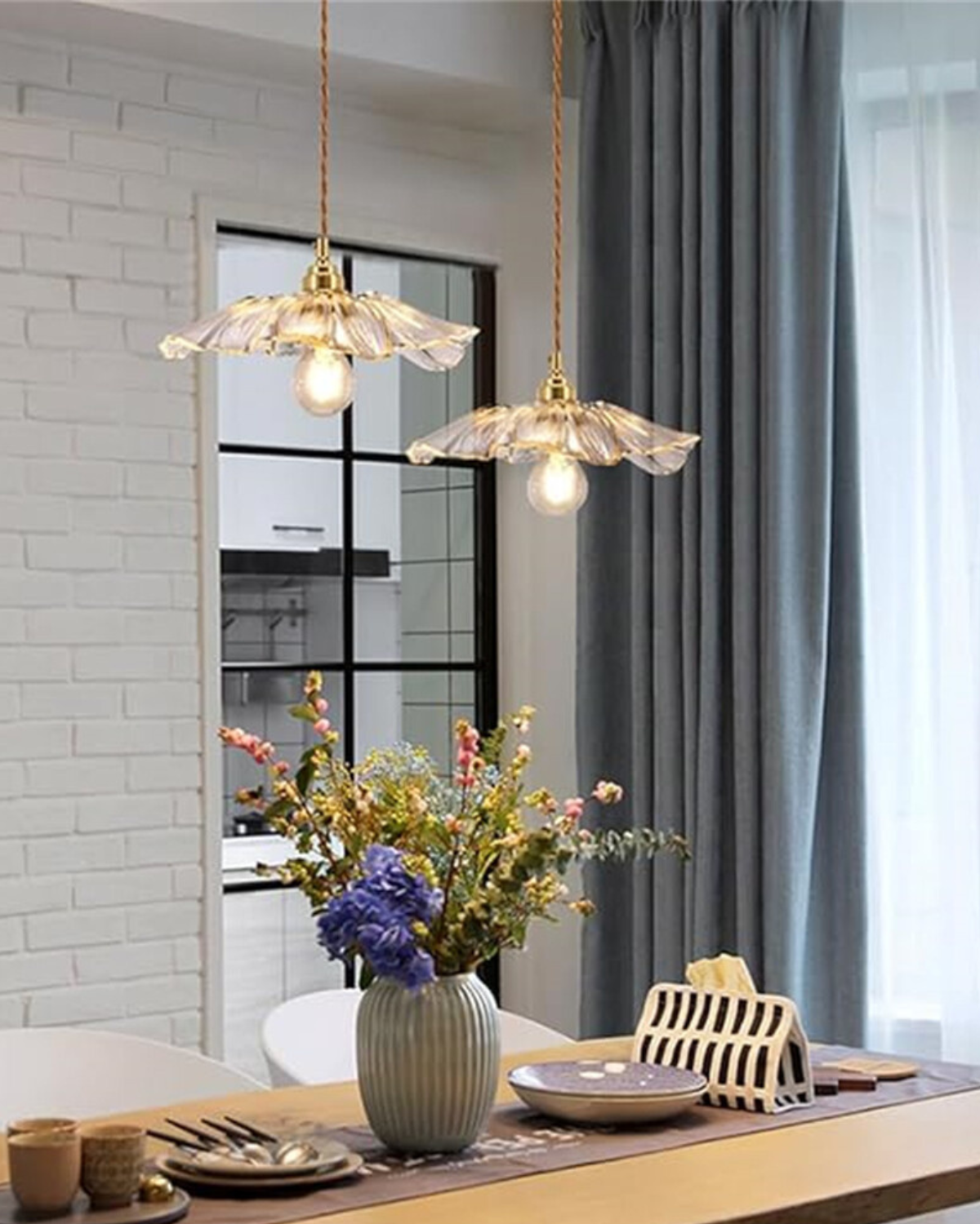 Glass Pendant Light with Brass Socket and Organic Petal Shape for Dining Room and Living Space | Thomler