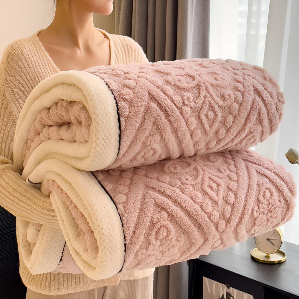 Carved Plush Throw with Sherpa Backing – Double-Sided Blanket for Bed, Couch & Travel