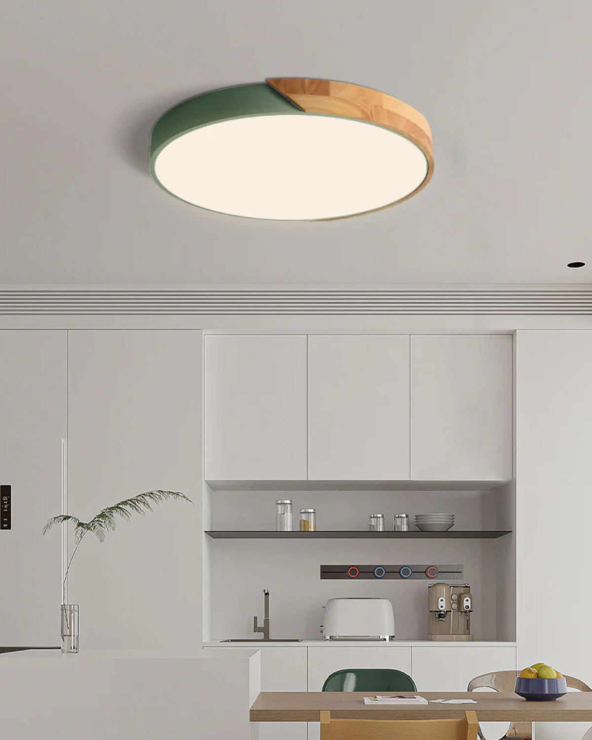 Ronde opbouwplafondlamp met houten accent en geïntegreerde LED – Moderne platte armatuur in 9, 12, 16, 20 en 24 inch maten voor Liv | Thomler