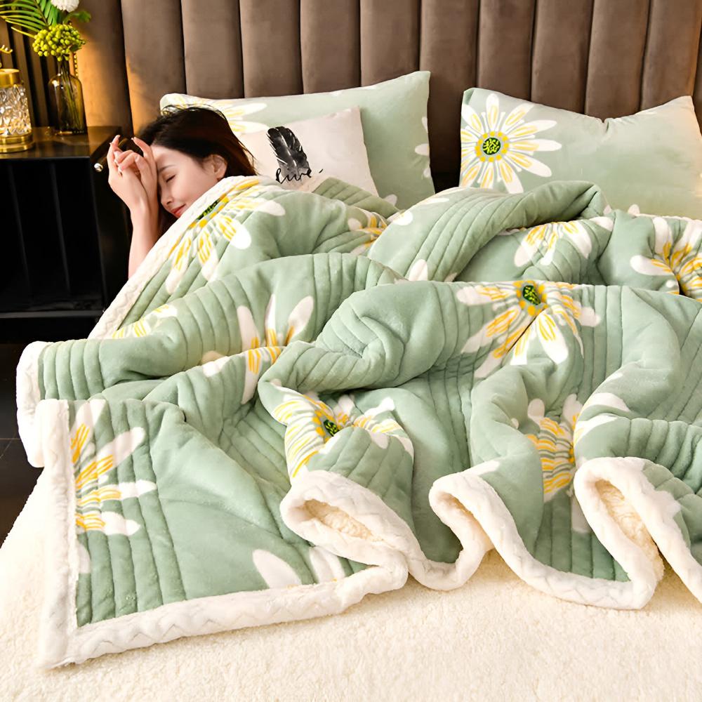 Reversible Daisy Floral Throw Blanket – Soft Sherpa Fleece Bed & Couch Cover, Green & Yellow