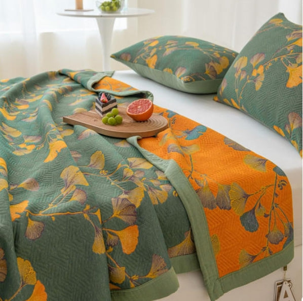 Reversible Cotton Throw Blanket with Ginkgo Leaf Pattern – Lightweight Summer Quilt for Bed, Sofa & Travel