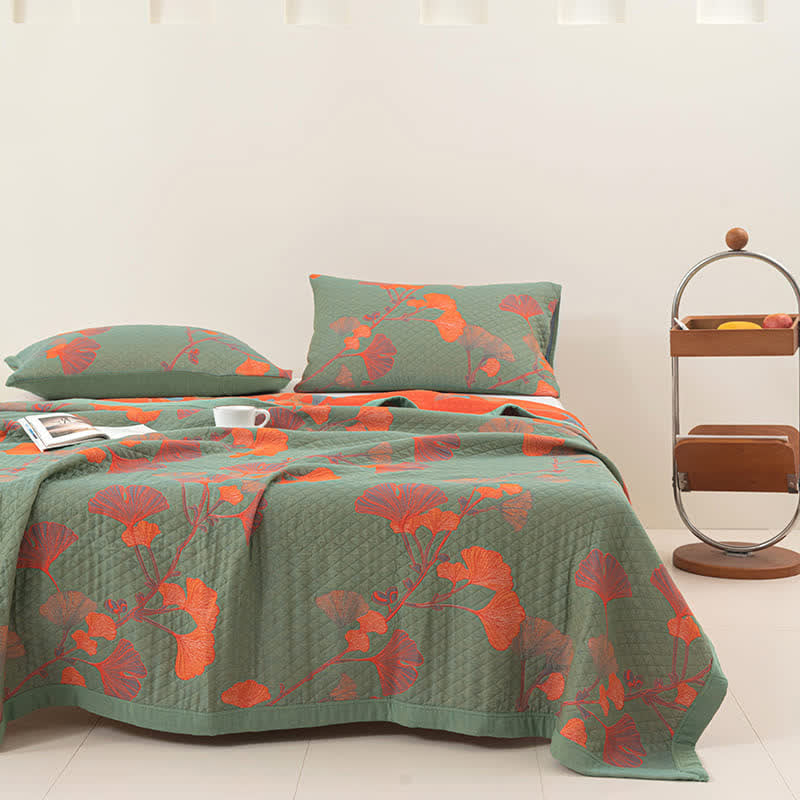 Reversible Cotton Quilt Ginkgo Leaf Design All-Season Bedspread Lightweight Throw Blanket for Bedroom Sofa Couch Travel Comfort