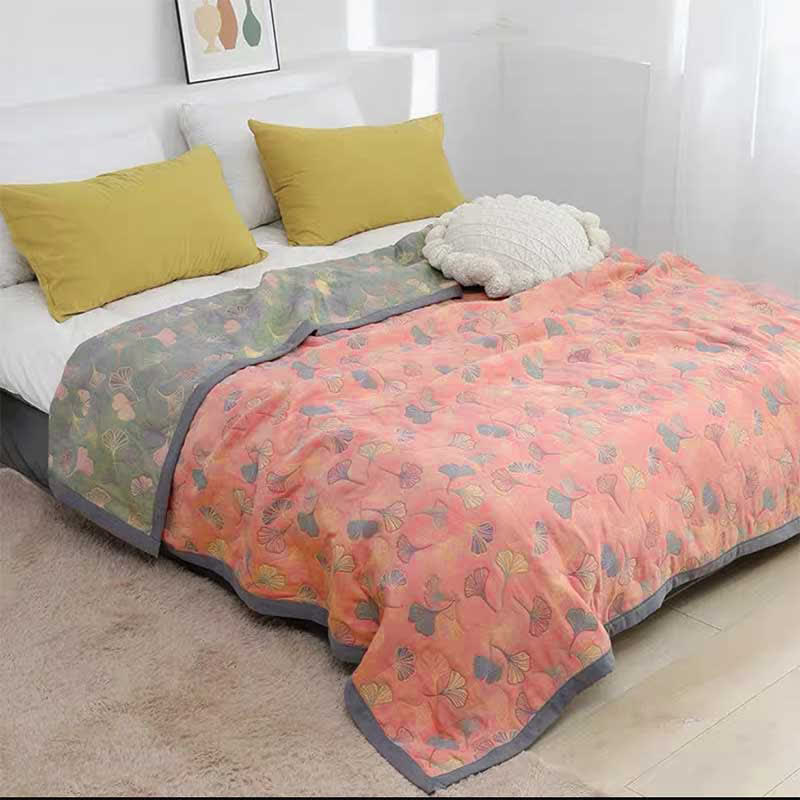 Reversible Cotton Quilt Ginkgo Leaf Botanical Print Bedspread Comforter Coverlet for Bedroom Decor Queen King Full Size Soft Breathable