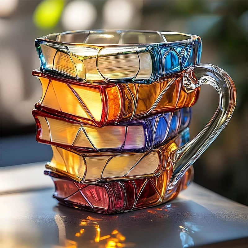 Sculptural Glass Coffee Mug with Stacked Book Shape for Writers Readers Students & Home Office Desk Décor Gift | Thomler