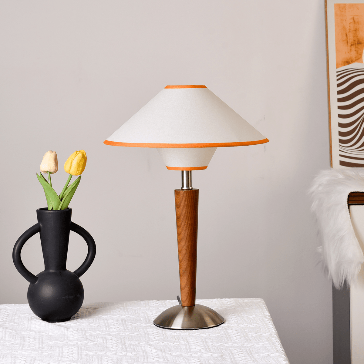 Fabric Shade Table Lamp 17 in for Nightstand & Side Table - Wood Base with E26 Socket for Bedroom Living Room Office Desk Reading Light Mini | Thomler