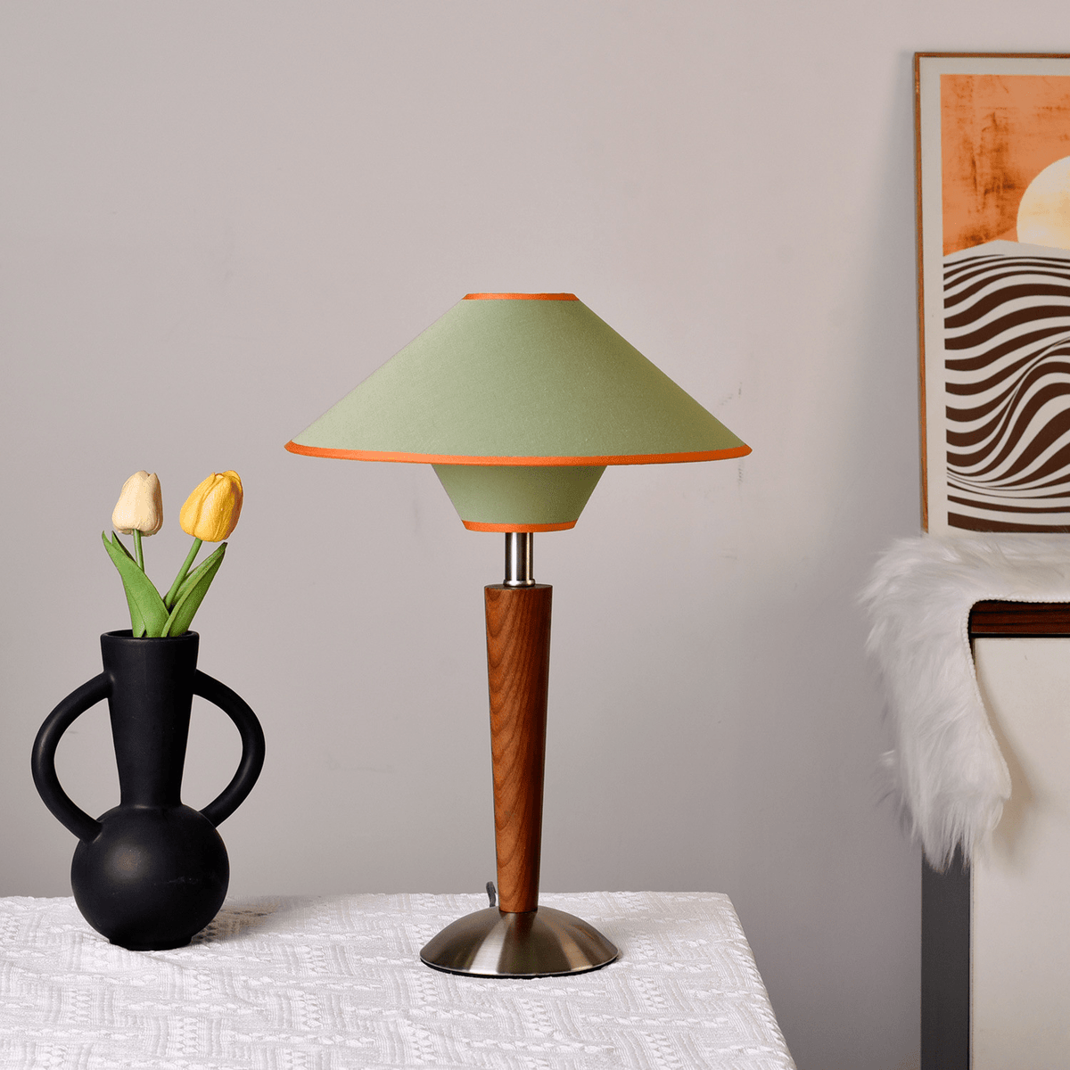 Fabric Shade Table Lamp 17 in for Nightstand & Side Table - Wood Base with E26 Socket for Bedroom Living Room Office Desk Reading Light Mini | Thomler